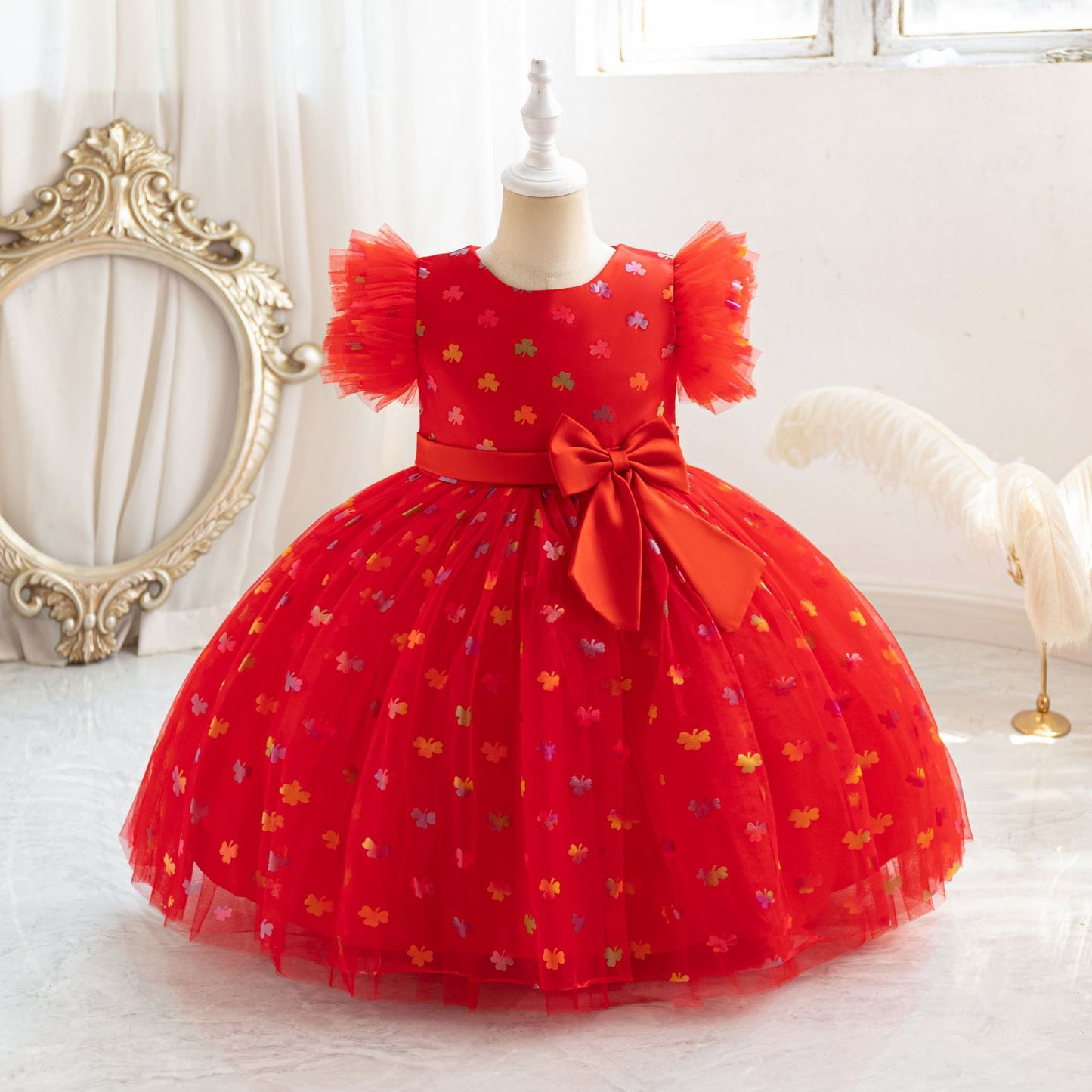 Floral Print Tulle Princess Dress for Girls | Bowknot Party Gown | Ages 2-10