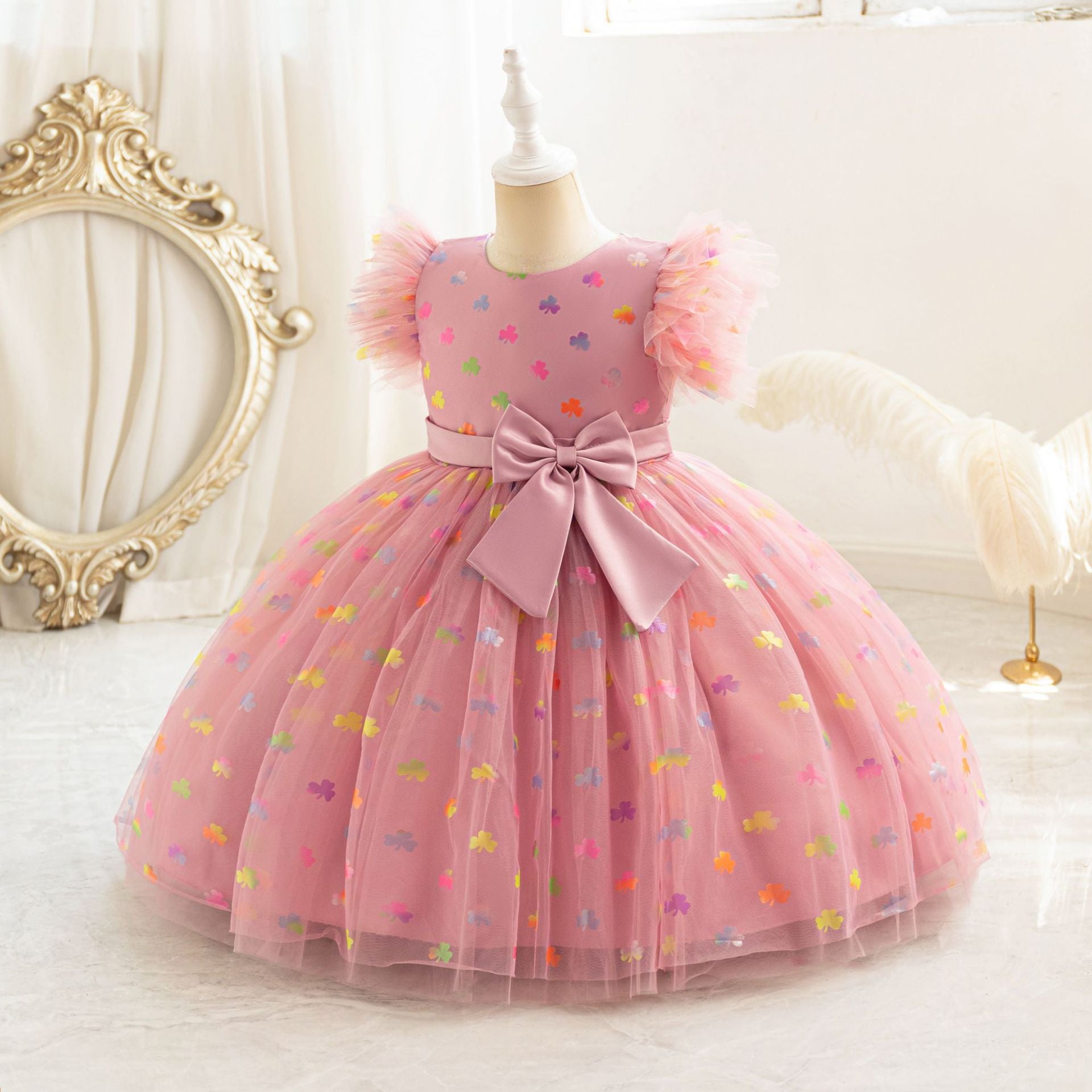 Floral Print Tulle Princess Dress for Girls | Bowknot Party Gown | Ages 2-10