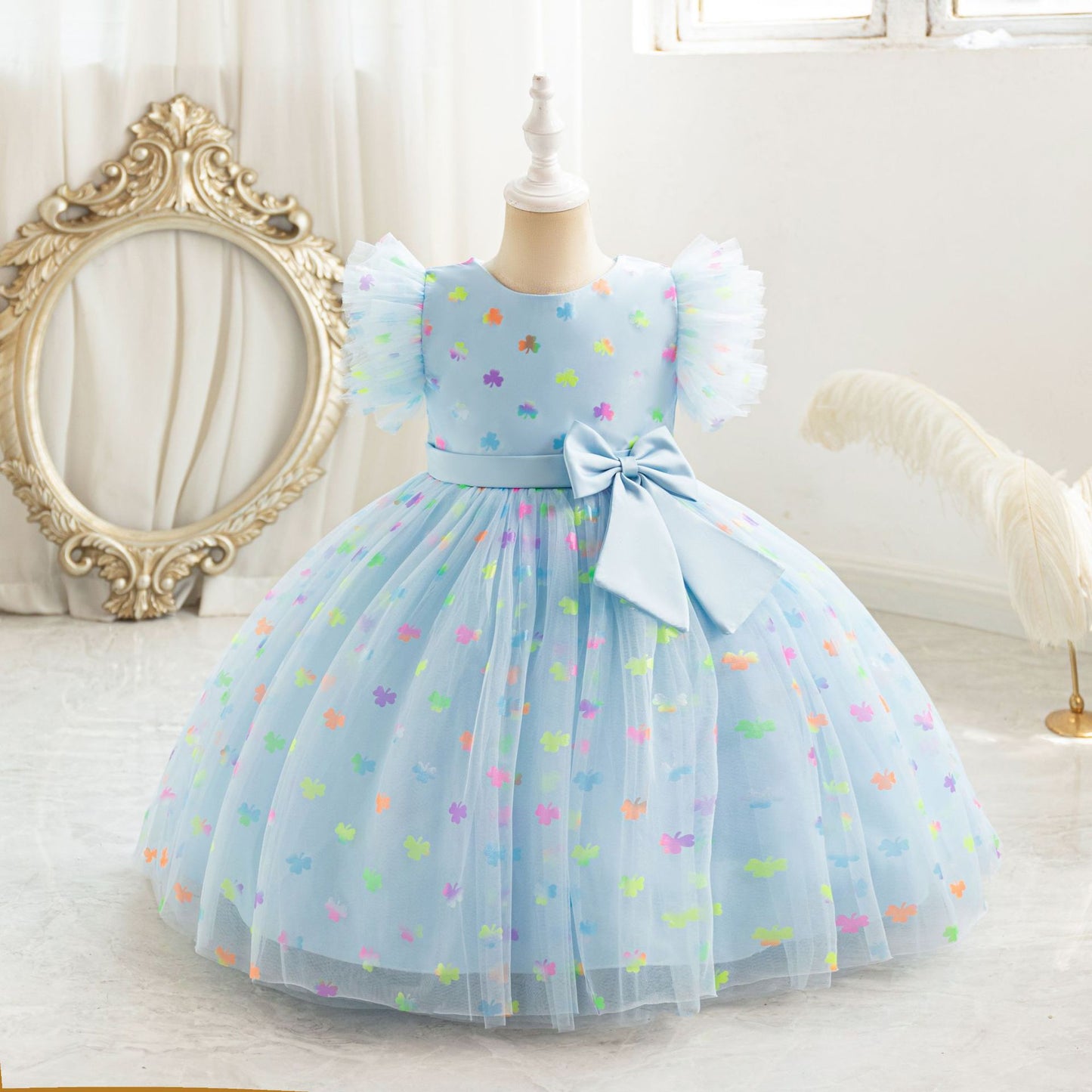 Floral Print Tulle Princess Dress for Girls | Bowknot Party Gown | Ages 2-10