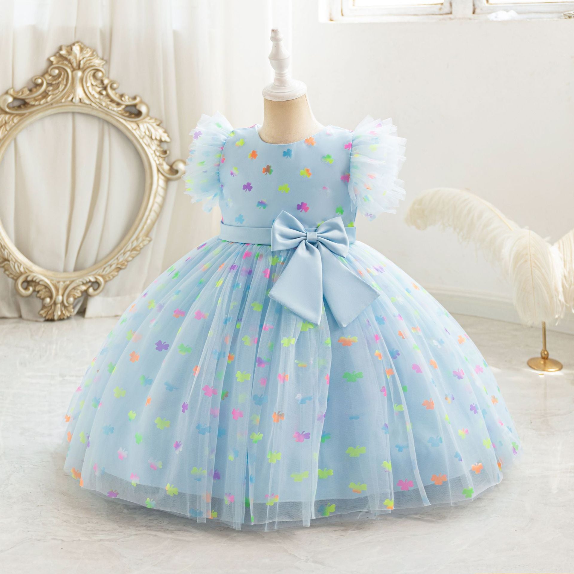 Floral Print Tulle Princess Dress for Girls | Bowknot Party Gown | Ages 2-10