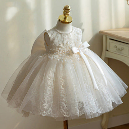 A-Line Flower Girl Lace Dress with Flowers & Bow – White Party Princess Dress