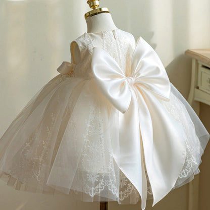 A-Line Flower Girl Lace Dress with Flowers & Bow – White Party Princess Dress