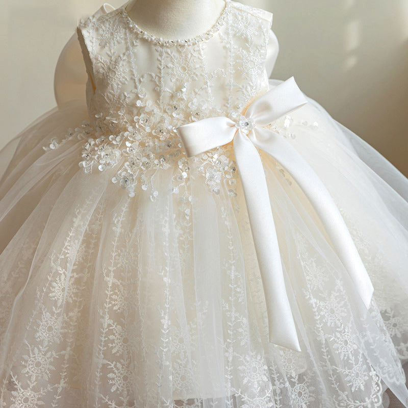 A-Line Flower Girl Lace Dress with Flowers & Bow – White Party Princess Dress