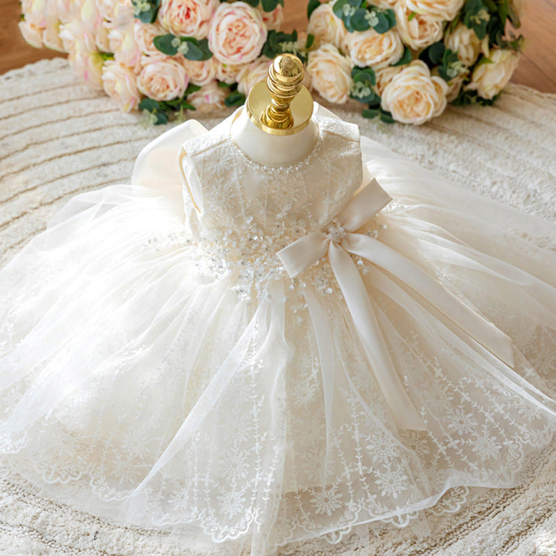 A-Line Flower Girl Lace Dress with Flowers & Bow – White Party Princess Dress