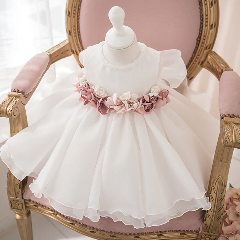 Puffy White Flower Girl & Baptism Dress with Fabric Flowers | Baby to Kids Formal Dress