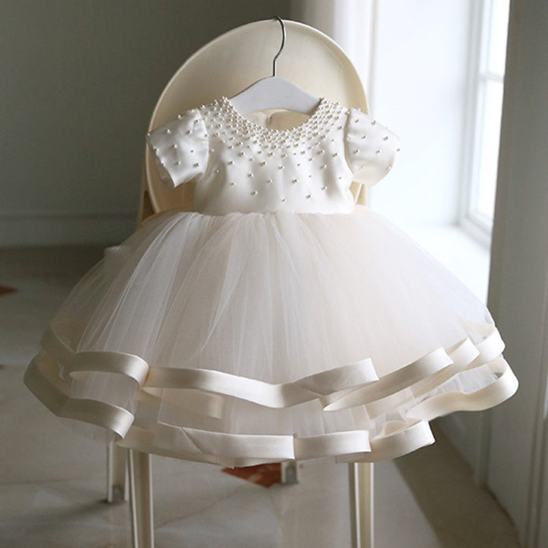 White Tulle A-Line Party Dress for Baby Girls | Flower Girl & Birthday Dresses