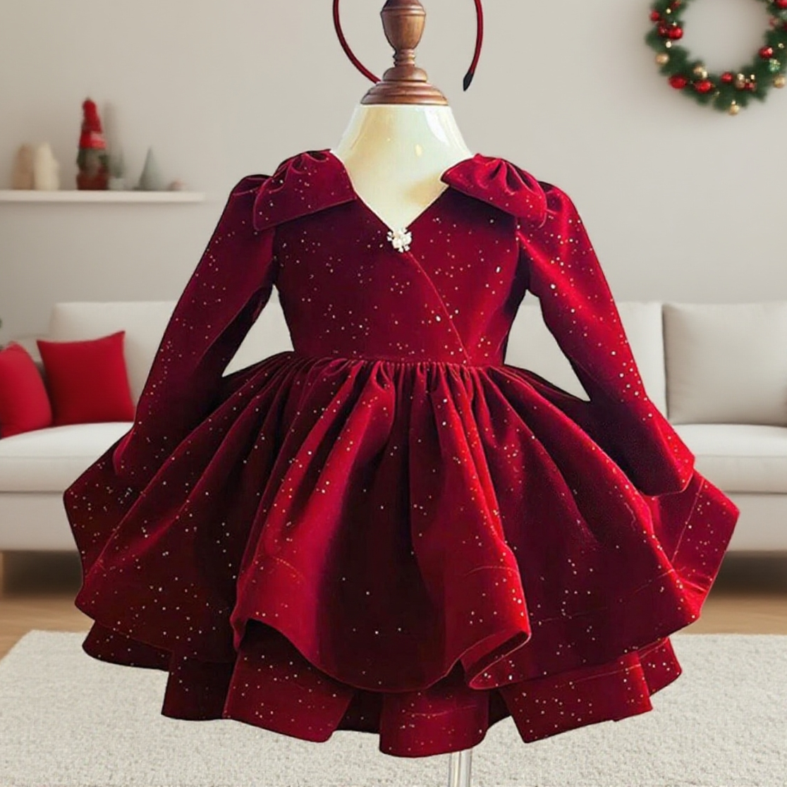 Dark Red Sequin Bowknot Kids A-Line Party Dress – Elegant Toddler & Girl Special Occasion Outfit