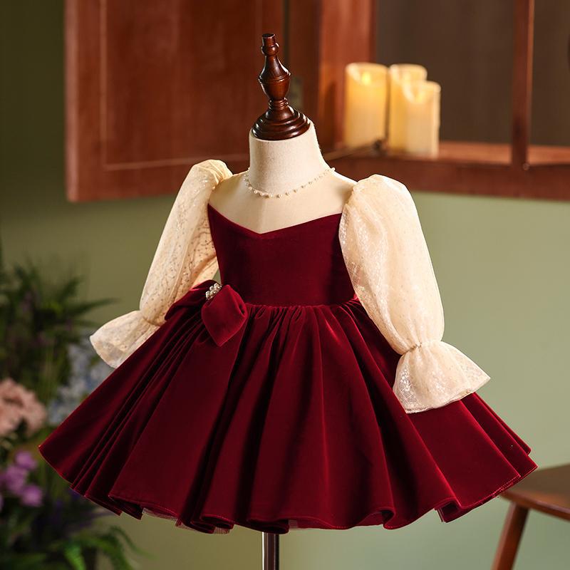 Dark Red Velvet Princess Dress for Girls | Sequin & Bead A-line Party Dress