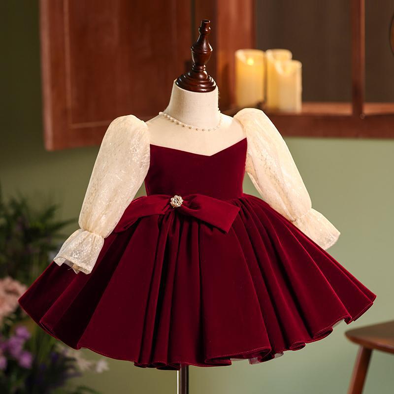 Dark Red Velvet Princess Dress with Illusion Neckline and Sequins for Girls - Dark Red / 18-24 Months (90cm) - Fleur Kids Dark Red Velvet Princess Dress with Illusion Neckline and Sequins for Girls - Dark Red / 18-24 Months (90cm) - Fleur Kids