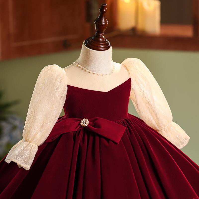 Dark Red Velvet Princess Dress for Girls | Sequin & Bead A-line Party Dress