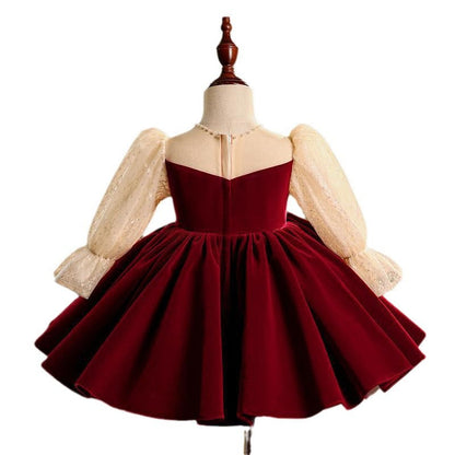 Dark Red Velvet Princess Dress for Girls | Sequin & Bead A-line Party Dress