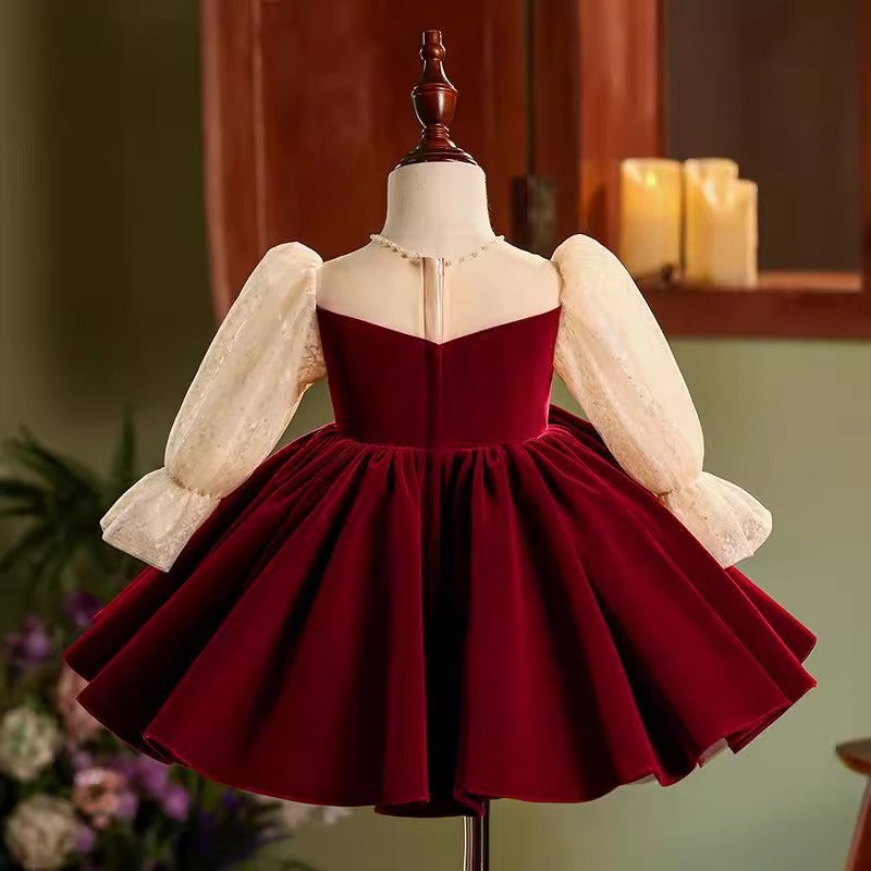 Dark Red Velvet Princess Dress for Girls | Sequin & Bead A-line Party Dress