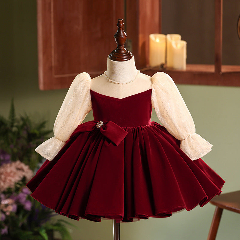 Dark Red Velvet Princess Dress for Girls | Sequin & Bead A-line Party Dress