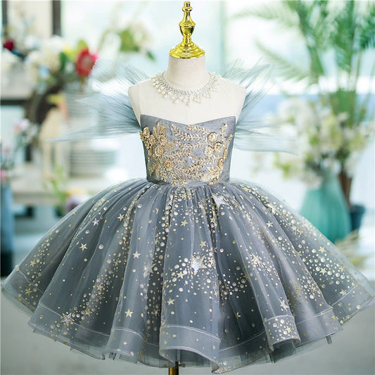 Dusty Blue Sequin Ball Gown Puffy Flower Girl Dress for Parties & Weddings