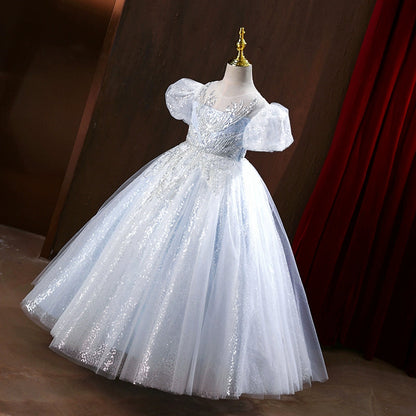 Dusty Blue Sequin Princess Ball Gown for Girls - Flower Girl & Party Dress