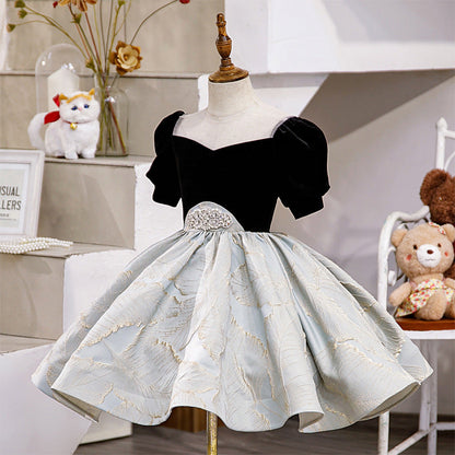Elegant A-Line Princess Fairy Dress for Girls – Velvet & Satin Knee-Length Party Dress