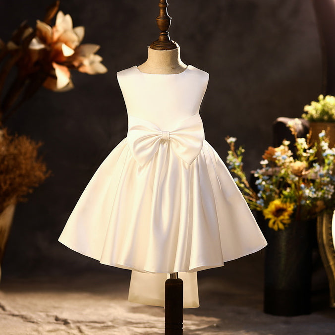 Elegant Puffy Bow Satin A-Line Party Dress for Girls | Knee Length Formal Dress