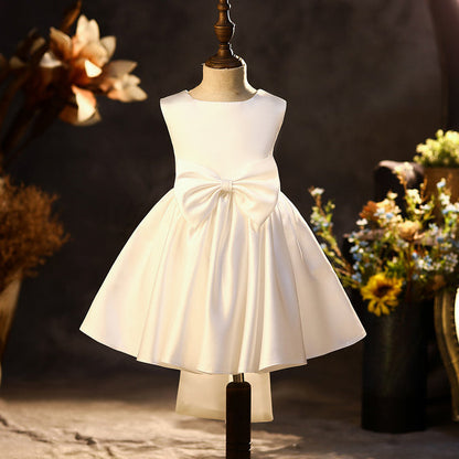 Elegant Puffy Bow Satin A-Line Party Dress for Girls | Knee Length Formal Dress