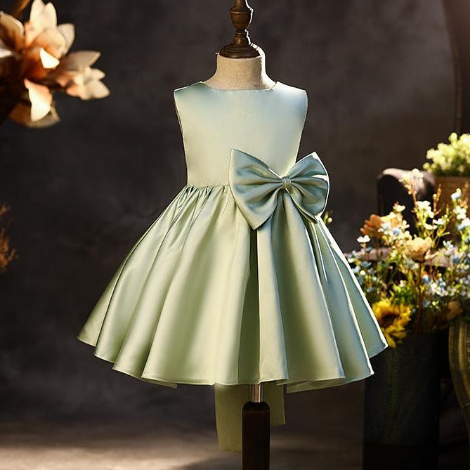 Elegant Puffy Bow Satin A-Line Party Dress for Girls | Knee Length Formal Dress
