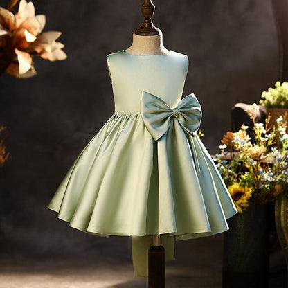 Elegant Puffy Bow Satin A-Line Party Dress for Girls | Knee Length Formal Dress