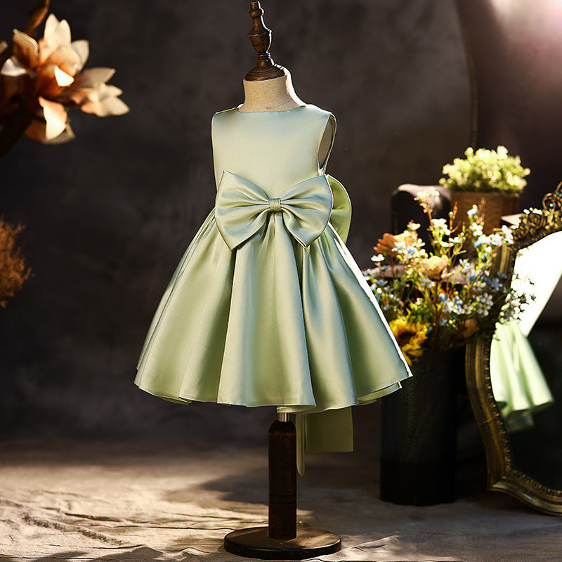 Elegant Puffy Bow Satin A-Line Party Dress for Girls | Knee Length Formal Dress