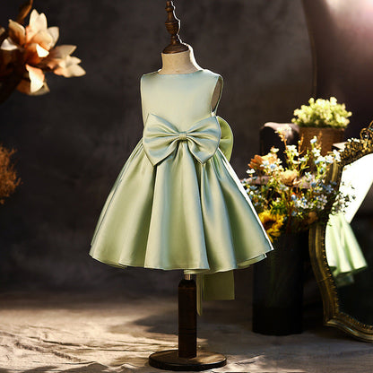 Elegant Puffy Bow Satin A-Line Party Dress for Girls | Knee Length Formal Dress