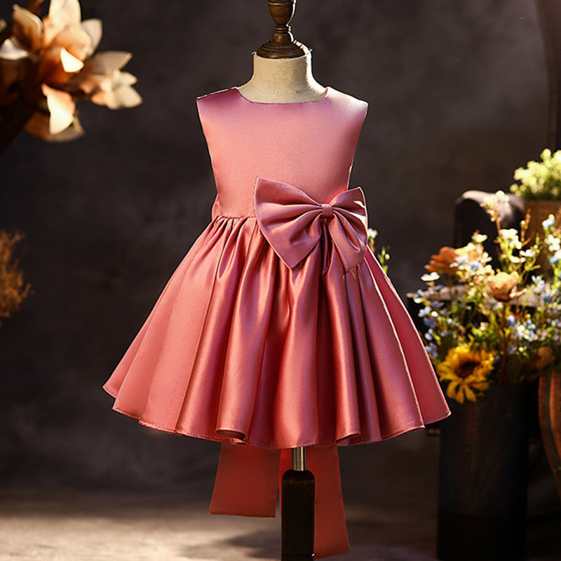Elegant Puffy Bow Satin A-Line Party Dress for Girls | Knee Length Formal Dress