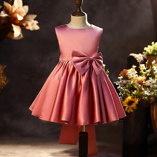 Elegant Puffy Bow Satin A-Line Party Dress for Girls | Knee Length Formal Dress