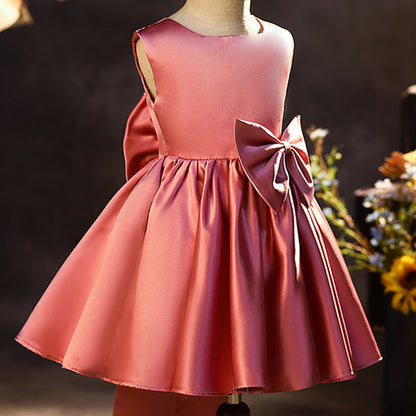 Elegant Puffy Bow Satin A-Line Party Dress for Girls | Knee Length Formal Dress