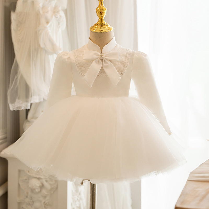 Adorable White Long Sleeve Flower Girl Dress with Bow & Embroidery – Elegant Princess Dress for Girls