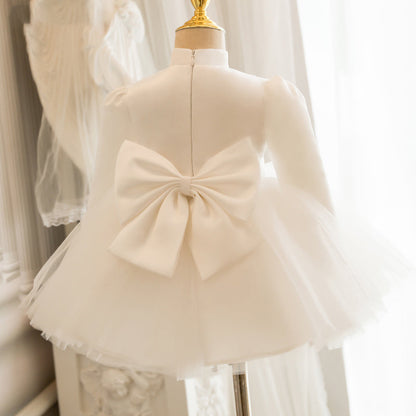 Adorable White Long Sleeve Flower Girl Dress with Bow & Embroidery – Elegant Princess Dress for Girls