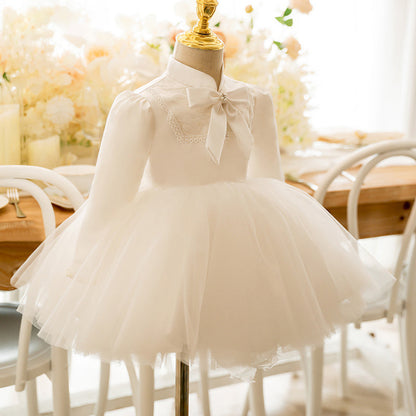Adorable White Long Sleeve Flower Girl Dress with Bow & Embroidery – Elegant Princess Dress for Girls