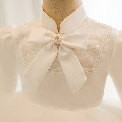 Adorable White Long Sleeve Flower Girl Dress with Bow & Embroidery – Elegant Princess Dress for Girls