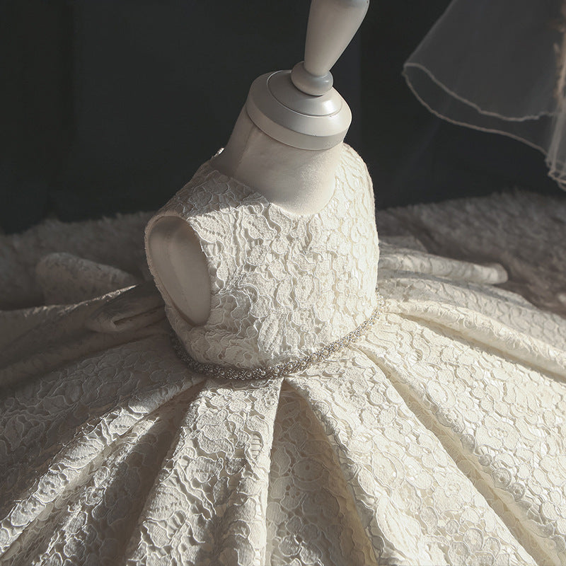 Kids A-Line Lace Party Dress – Embellished with Bowknot & Sequins for Girls