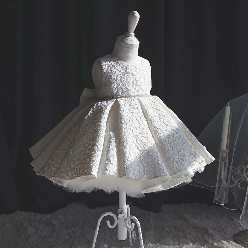 Kids A-Line Lace Party Dress – Embellished with Bowknot & Sequins for Girls