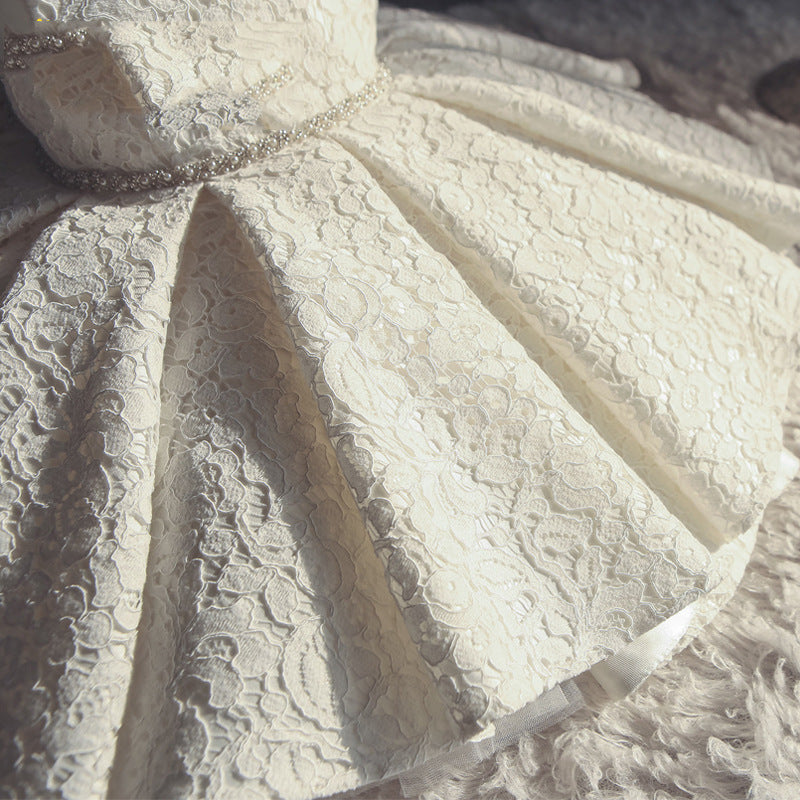 Kids A-Line Lace Party Dress – Embellished with Bowknot & Sequins for Girls