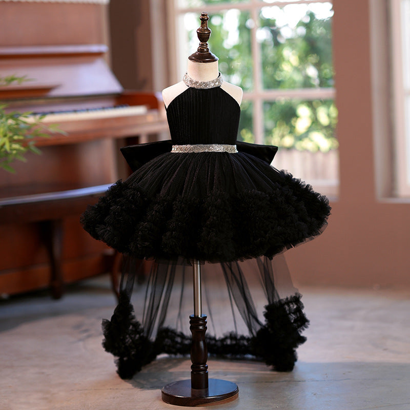 A-Line Halter Tulle Girls Party Dress – Sequins, Bowknot & High-Low Train