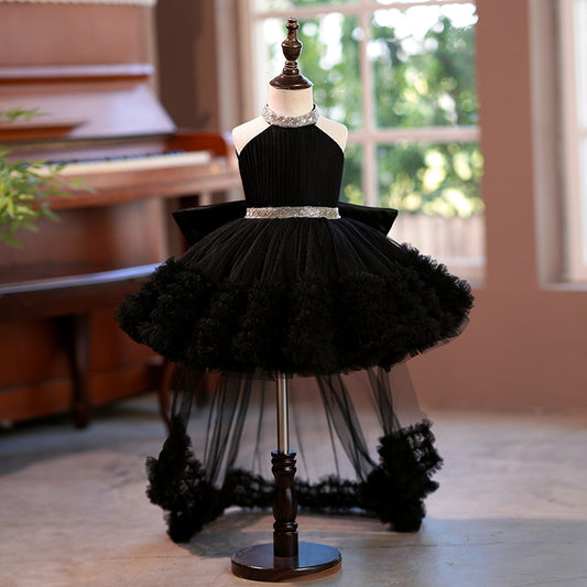 A-Line Halter Tulle Girls Party Dress – Sequins, Bowknot & High-Low Train