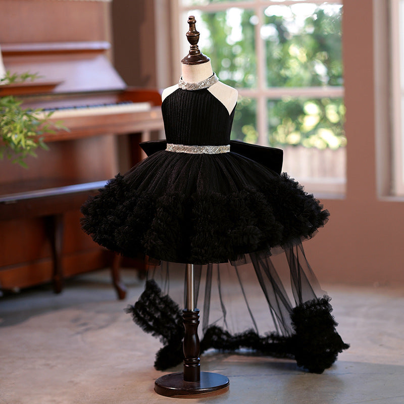 A-Line Halter Tulle Girls Party Dress – Sequins, Bowknot & High-Low Train – FleurKids