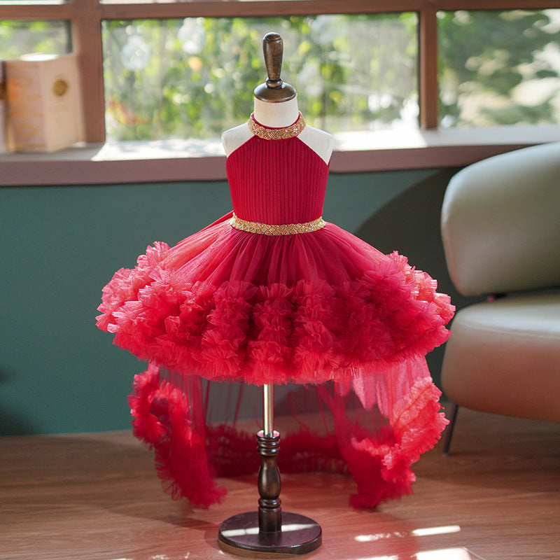 A-Line Halter Tulle Girls Party Dress – Sequins, Bowknot & High-Low Train