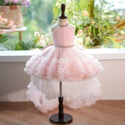 A-Line Halter Tulle Girls Party Dress – Sequins, Bowknot & High-Low Train