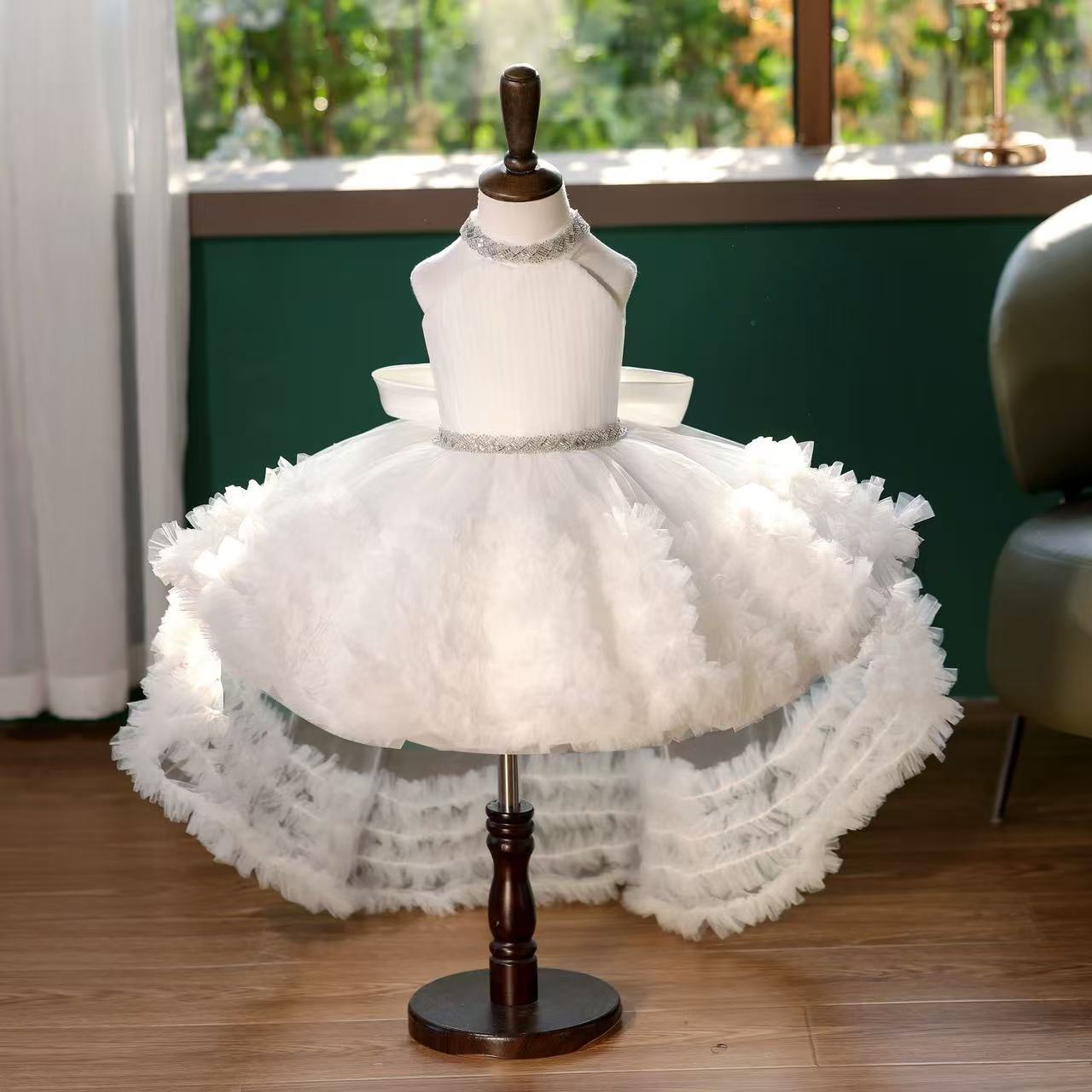 A-Line Halter Tulle Girls Party Dress – Sequins, Bowknot & High-Low Train