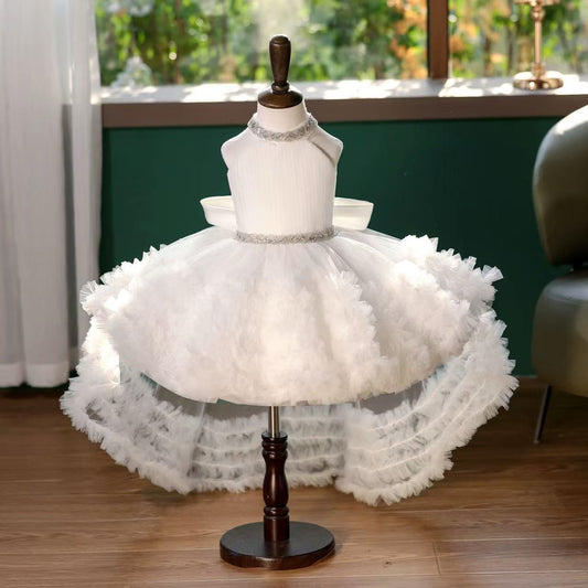 A-Line Halter Tulle Girls Party Dress – Sequins, Bowknot & High-Low Train