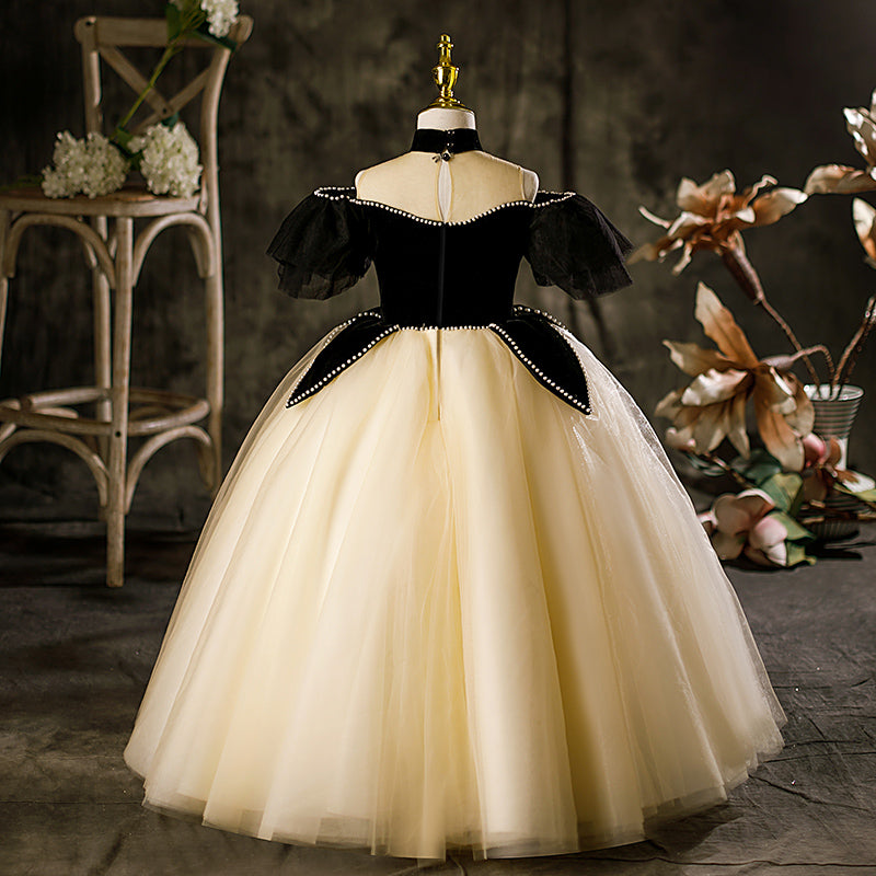 Black A-line Illusion Neck Tulle Princess Maxi Dress for Girls (3-12Y) | Sequins & Beads