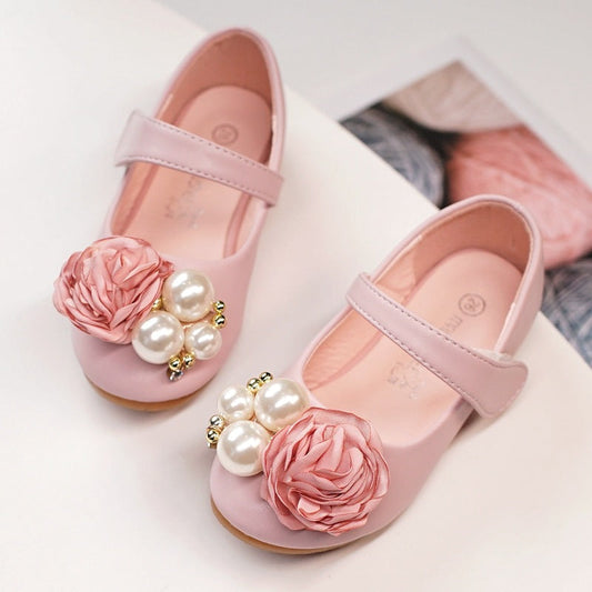 Girls' Party and Flower Girl Closed-Toe Dress Shoes with Pearl and Flower Embellishment