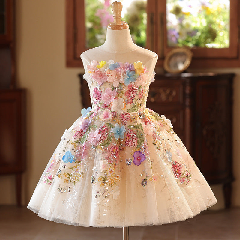 Cute A-line Girls Princess Tulle Dress with Illusion Neckline and Flower Embellishments