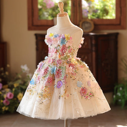 Cute A-line Girls Princess Tulle Dress with Illusion Neckline and Flower Embellishments