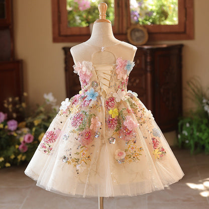 Cute A-line Girls Princess Tulle Dress with Illusion Neckline and Flower Embellishments