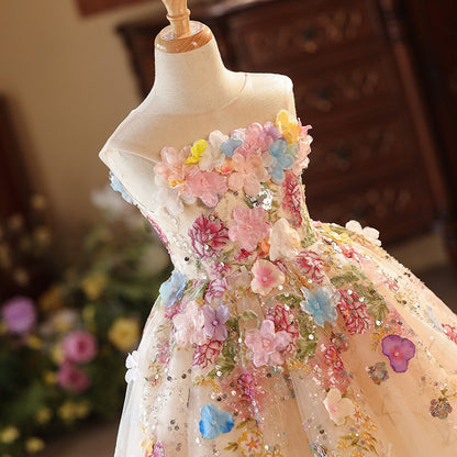 Cute A-line Girls Princess Tulle Dress with Illusion Neckline and Flower Embellishments