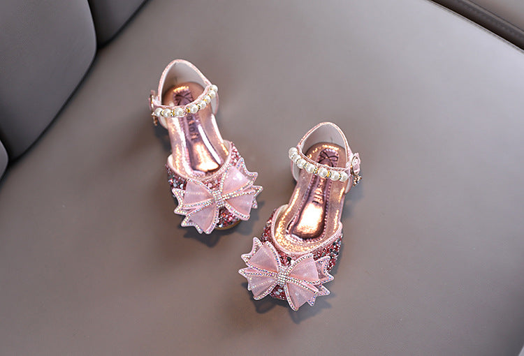 Sparkly Block Heel Girls' Party Shoes with Rhinestone and Pearl Bow